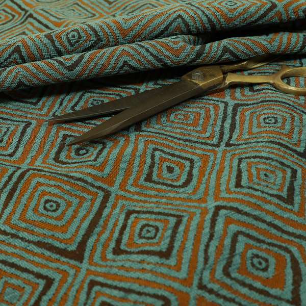 Manali Geometric Pattern Chenille Material In Blue Teal Orange Colour Upholstery Fabric CTR-1115 - Roman Blinds