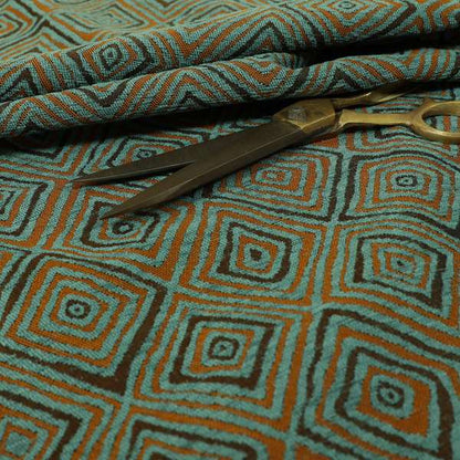 Manali Geometric Pattern Chenille Material In Blue Teal Orange Colour Upholstery Fabric CTR-1115 - Made To Measure Curtains