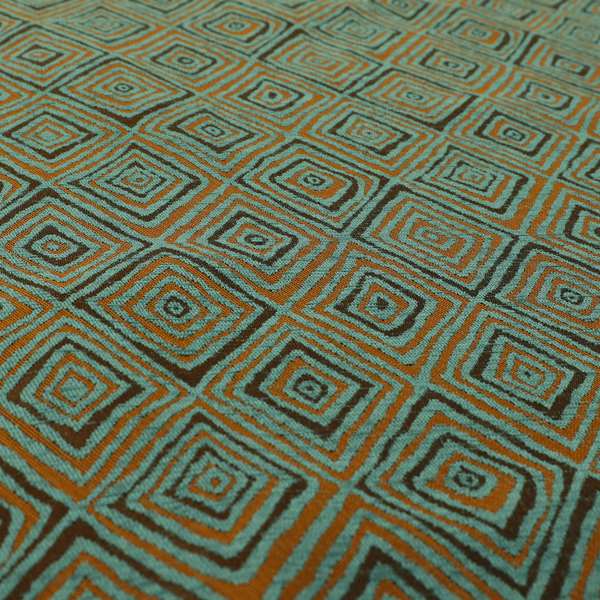 Manali Geometric Pattern Chenille Material In Blue Teal Orange Colour Upholstery Fabric CTR-1115 - Made To Measure Curtains