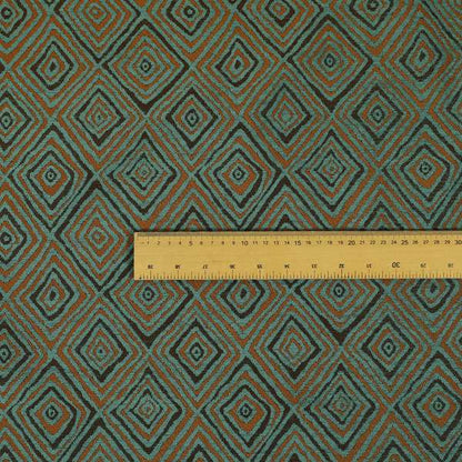 Manali Geometric Pattern Chenille Material In Blue Teal Orange Colour Upholstery Fabric CTR-1115 - Made To Measure Curtains