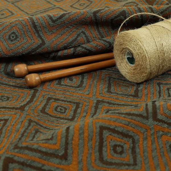 Manali Geometric Pattern Chenille Material In Grey Orange Colour Upholstery Fabric CTR-1118 - Made To Measure Curtains