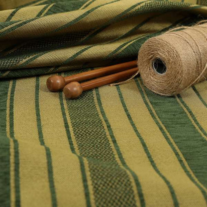 Bangalore Striped Pattern Chenille Material In Green Gold Colour Upholstery Fabric CTR-1123