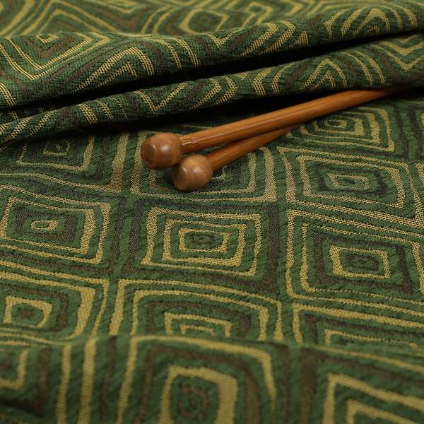 Manali Geometric Pattern Chenille Material In Green Gold Colour Upholstery Fabric CTR-1124 - Made To Measure Curtains