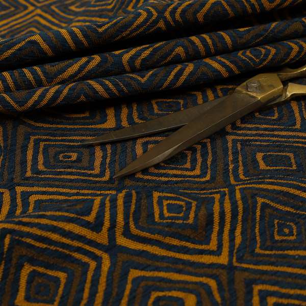 Manali Geometric Pattern Chenille Material In Blue Orange Colour Upholstery Fabric CTR-1130