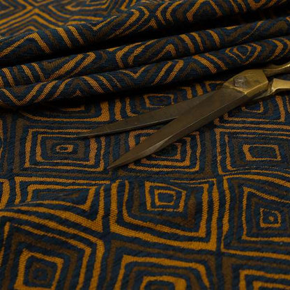 Manali Geometric Pattern Chenille Material In Blue Orange Colour Upholstery Fabric CTR-1130 - Made To Measure Curtains