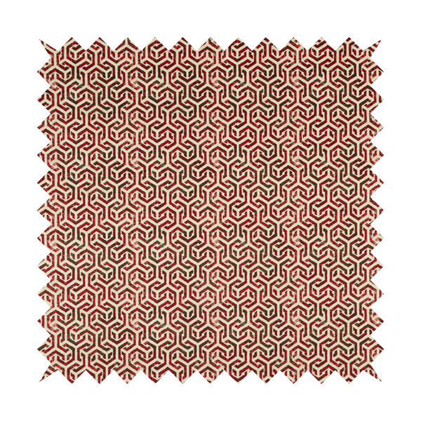 Java Printed Velvet Fabric Geometric Greek Key Inspired Pattern In Red Colour Upholstery Fabric CTR-1132 - Roman Blinds