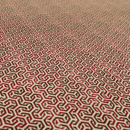 Java Printed Velvet Fabric Geometric Greek Key Inspired Pattern In Red Colour Upholstery Fabric CTR-1132 - Roman Blinds