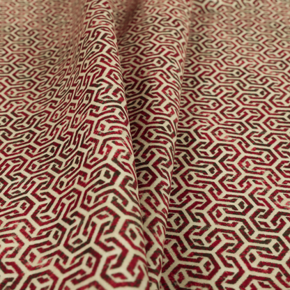 Java Printed Velvet Fabric Geometric Greek Key Inspired Pattern In Red Colour Upholstery Fabric CTR-1132 - Handmade Cushions