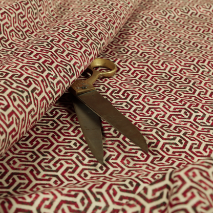 Java Printed Velvet Fabric Geometric Greek Key Inspired Pattern In Red Colour Upholstery Fabric CTR-1132 - Roman Blinds