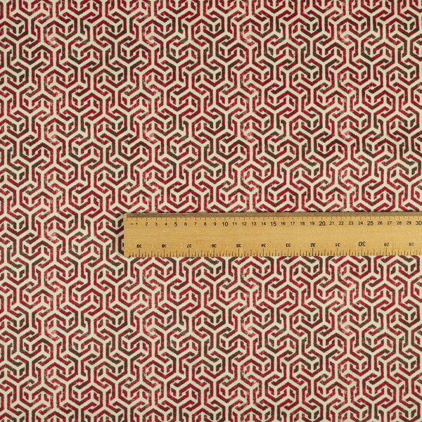 Java Printed Velvet Fabric Geometric Greek Key Inspired Pattern In Red Colour Upholstery Fabric CTR-1132 - Roman Blinds