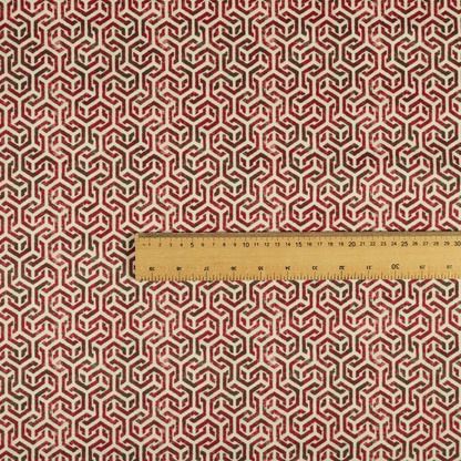 Java Printed Velvet Fabric Geometric Greek Key Inspired Pattern In Red Colour Upholstery Fabric CTR-1132 - Roman Blinds