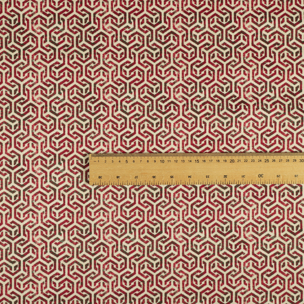 Java Printed Velvet Fabric Geometric Greek Key Inspired Pattern In Red Colour Upholstery Fabric CTR-1132 - Made To Measure Curtains