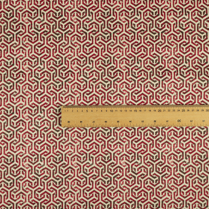 Java Printed Velvet Fabric Geometric Greek Key Inspired Pattern In Red Colour Upholstery Fabric CTR-1132 - Made To Measure Curtains