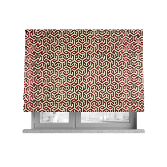 Java Printed Velvet Fabric Geometric Greek Key Inspired Pattern In Red Colour Upholstery Fabric CTR-1132 - Roman Blinds