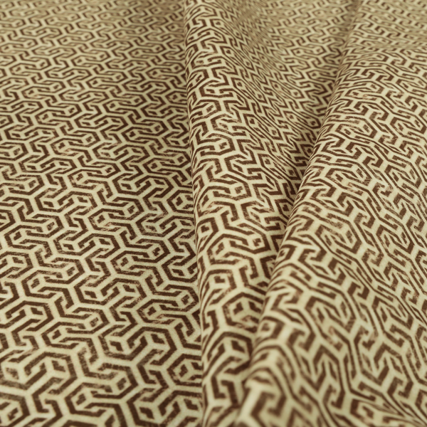 Java Printed Velvet Fabric Geometric Greek Key Inspired Pattern In Brown Colour Upholstery Fabric CTR-1134