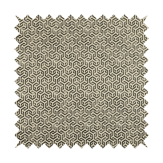 Java Printed Velvet Fabric Geometric Greek Key Inspired Pattern In Grey Black Colour Upholstery Fabric CTR-1137