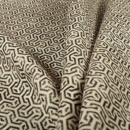 Java Printed Velvet Fabric Geometric Greek Key Inspired Pattern In Grey Black Colour Upholstery Fabric CTR-1137 - Roman Blinds