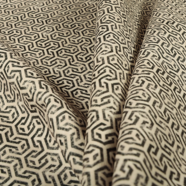 Java Printed Velvet Fabric Geometric Greek Key Inspired Pattern In Grey Black Colour Upholstery Fabric CTR-1137 - Made To Measure Curtains