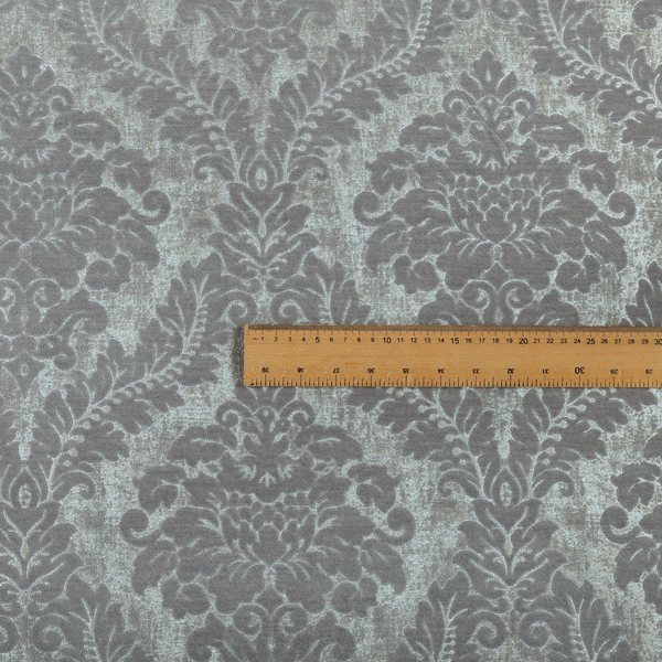 Kimberley Damask Pattern Soft Chenille Upholstery Fabric In Silver Colour CTR-1167