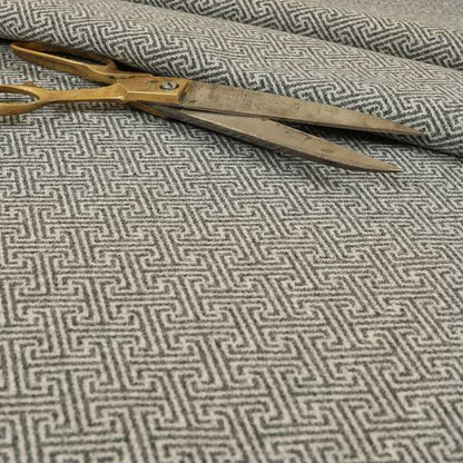 Elemental Collection Geometric Lock Pattern Soft Wool Textured Grey White Colour Upholstery Fabric CTR-118