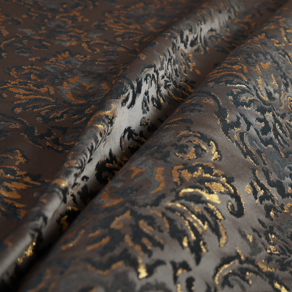 Nile Damask Pattern Metallic Tones Black Grey Gold Upholstery Fabric CTR-1189
