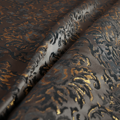 Nile Damask Pattern Metallic Tones Black Grey Gold Upholstery Fabric CTR-1189