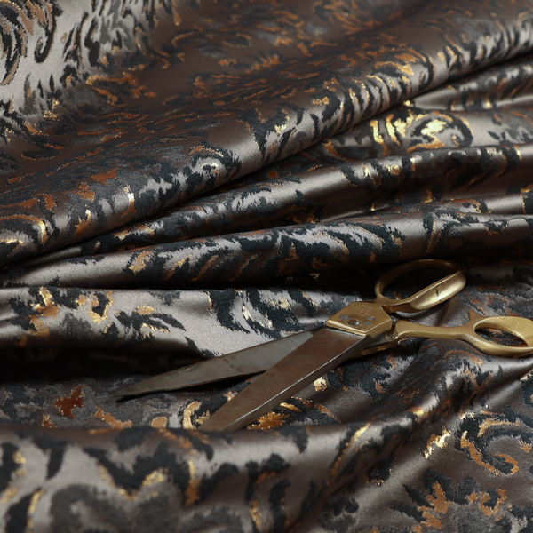 Nile Damask Pattern Metallic Tones Black Grey Gold Upholstery Fabric CTR-1189 - Made To Measure Curtains