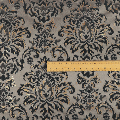 Nile Damask Pattern Metallic Tones Black Grey Gold Upholstery Fabric CTR-1189 - Handmade Cushions