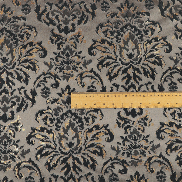 Nile Damask Pattern Metallic Tones Black Grey Gold Upholstery Fabric CTR-1189 - Made To Measure Curtains