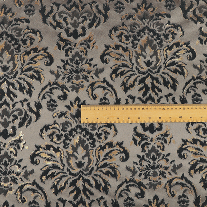 Nile Damask Pattern Metallic Tones Black Grey Gold Upholstery Fabric CTR-1189 - Made To Measure Curtains