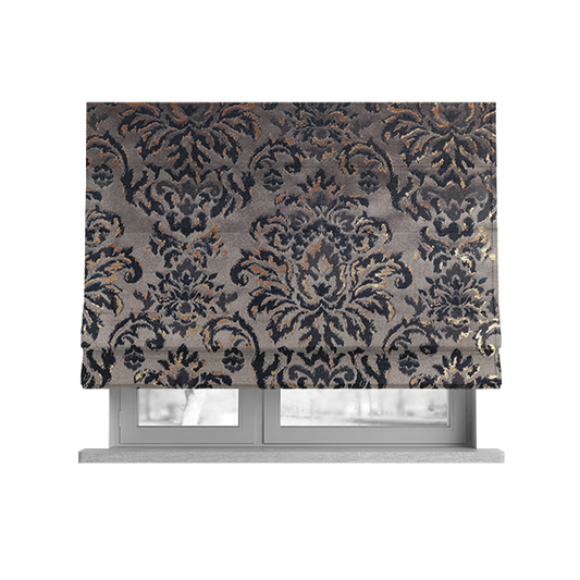 Nile Damask Pattern Metallic Tones Black Grey Gold Upholstery Fabric CTR-1189 - Roman Blinds