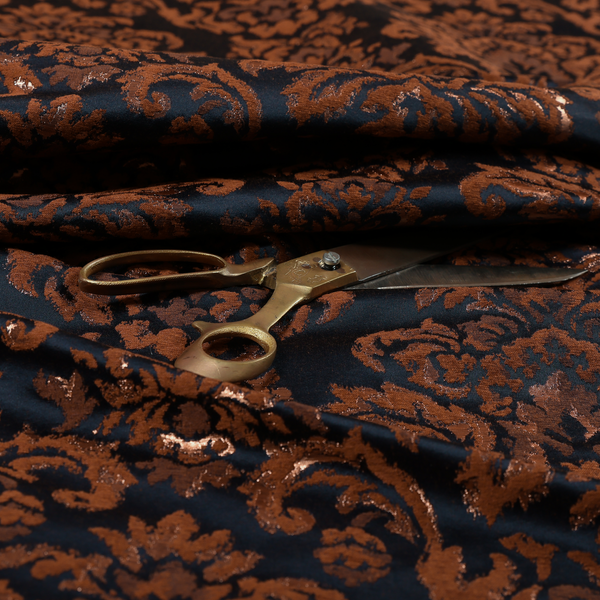 Nile Damask Pattern Metallic Tones Navy Blue Orange Upholstery Fabric CTR-1190 - Roman Blinds