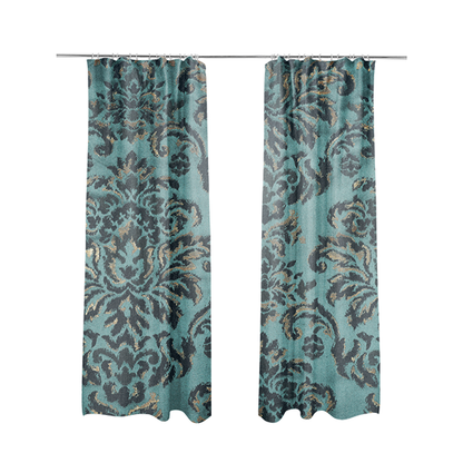 Nile Damask Pattern Metallic Tones Blue Gold Upholstery Fabric CTR-1194 - Made To Measure Curtains