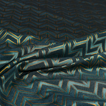 Nile Chevron Pattern Metallic Tones Blue Gold Upholstery Fabric CTR-1205 - Roman Blinds