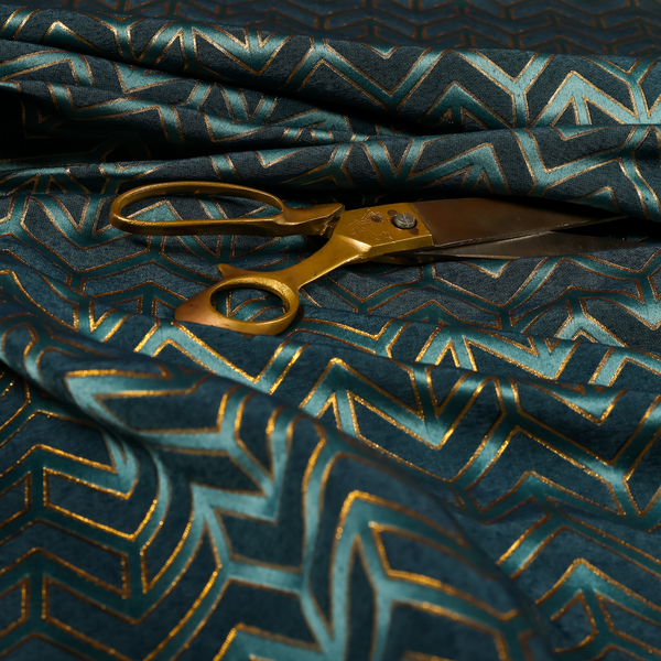 Nile Chevron Pattern Metallic Tones Blue Gold Upholstery Fabric CTR-1205 - Roman Blinds