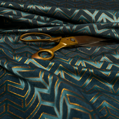 Nile Chevron Pattern Metallic Tones Blue Gold Upholstery Fabric CTR-1205