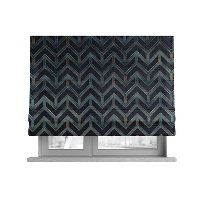 Nile Chevron Pattern Metallic Tones Blue Gold Upholstery Fabric CTR-1205 - Roman Blinds