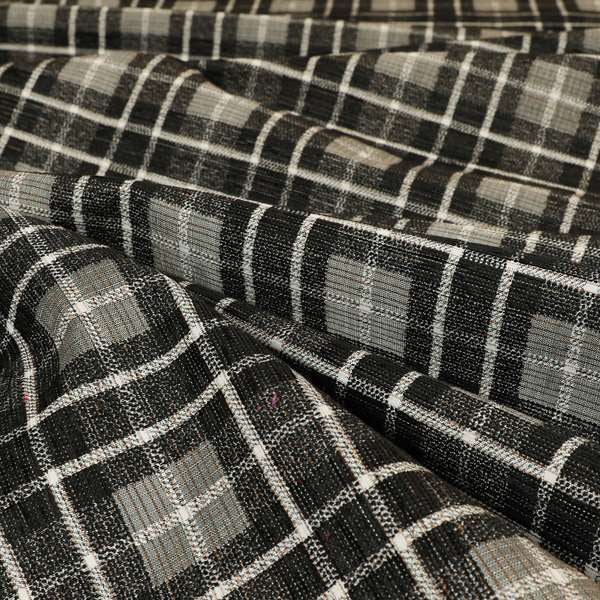 Ketu Collection Of Woven Chenille Checked Tartan Black Grey Colour Furnishing Fabrics CTR-122 - Made To Measure Curtains