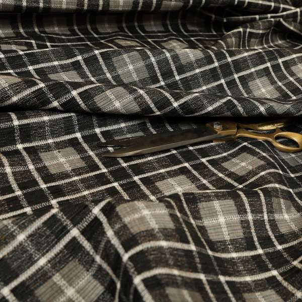 Ketu Collection Of Woven Chenille Checked Tartan Black Grey Colour Furnishing Fabrics CTR-122 - Made To Measure Curtains