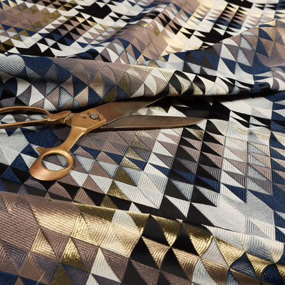 Oslo Geometric Pattern Blue Gold Black Toned Upholstery Fabric CTR-1255 - Handmade Cushions