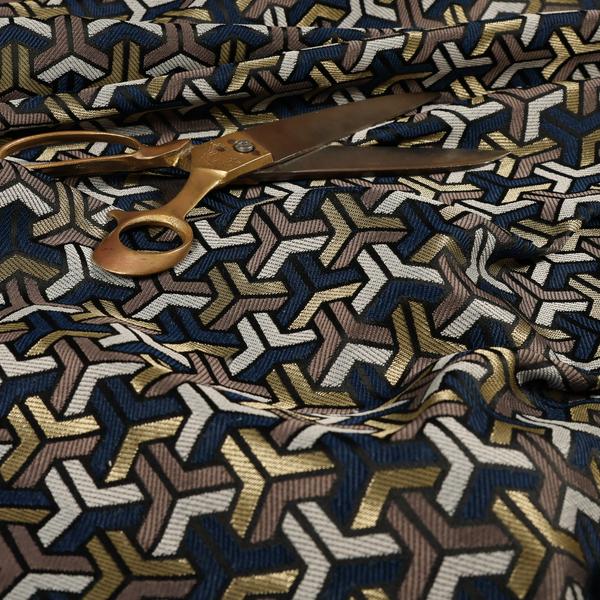 Oslo Geometric Pattern Blue Gold Black Toned Upholstery Fabric CTR-1256 - Handmade Cushions