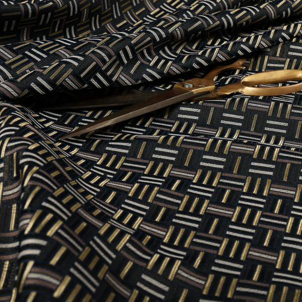 Oslo Geometric Pattern Blue Gold Black Toned Upholstery Fabric CTR-1257 - Made To Measure Curtains