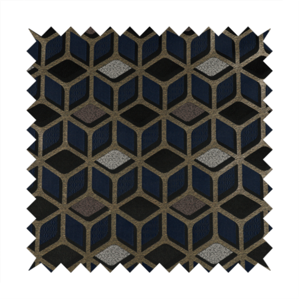 Oslo Geometric Pattern Blue Gold Black Toned Upholstery Fabric CTR-1258 - Made To Measure Curtains