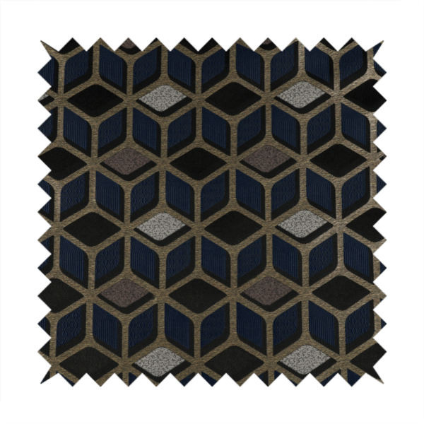Oslo Geometric Pattern Blue Gold Black Toned Upholstery Fabric CTR-1258 - Handmade Cushions