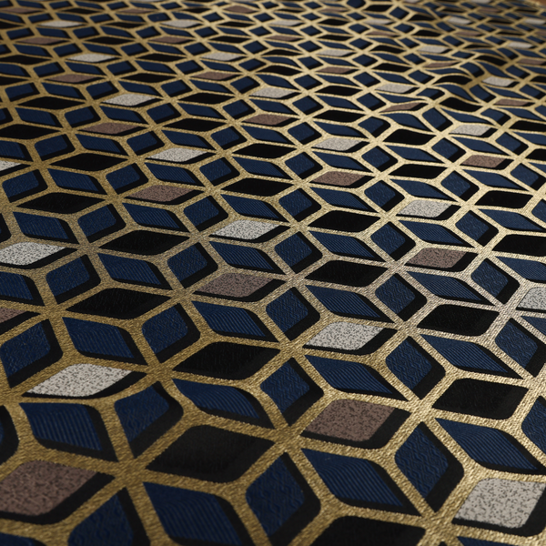Oslo Geometric Pattern Blue Gold Black Toned Upholstery Fabric CTR-1258