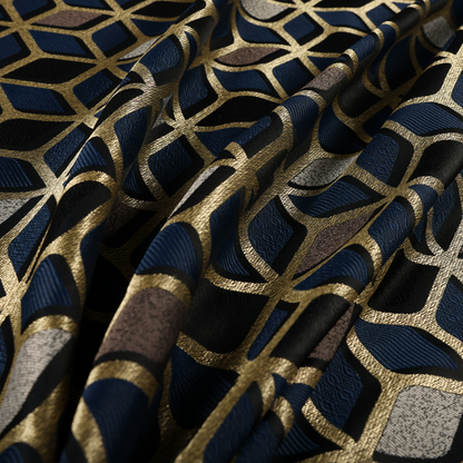 Oslo Geometric Pattern Blue Gold Black Toned Upholstery Fabric CTR-1258 - Made To Measure Curtains