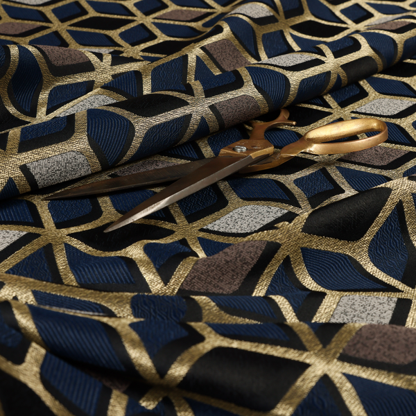 Oslo Geometric Pattern Blue Gold Black Toned Upholstery Fabric CTR-1258 - Handmade Cushions