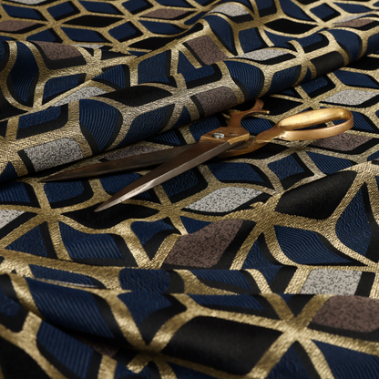 Oslo Geometric Pattern Blue Gold Black Toned Upholstery Fabric CTR-1258 - Made To Measure Curtains