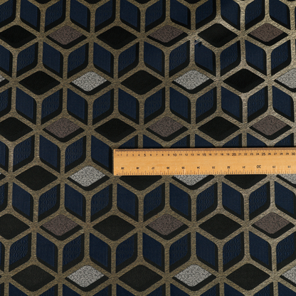 Oslo Geometric Pattern Blue Gold Black Toned Upholstery Fabric CTR-1258