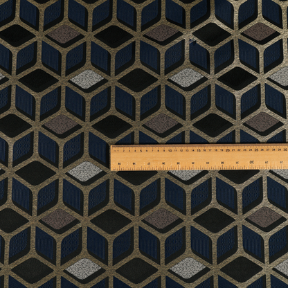 Oslo Geometric Pattern Blue Gold Black Toned Upholstery Fabric CTR-1258 - Made To Measure Curtains